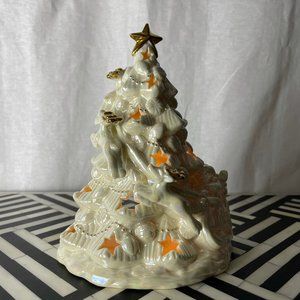 Vintage Creamy Iridescent Christmas Tree Reindeer Candle Holder